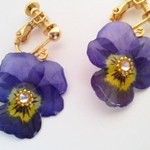 ちっちゃなビオラ押し花ジュエルイヤリング　紫×黄色