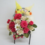 羊毛フェルト　華麗で可愛い仲良しオカメインコ＆樹脂粘土薔薇苺のオブジェ　鳥　ゆこりん工房