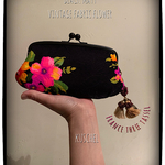 ◉レア◉１点限り◉漆黒のネオンflower◉ビンテージ生地◉NEWカード入れ◉親子がま口　がま口財布