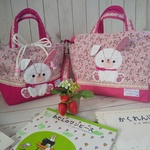 ♡新作♡『うさぎアップリケ🐰』『野いちごピンク🍓』♪親子でお揃い♪多機能マザーズバック&お散歩ミニトートバック ♪長さ調節ベルト付き