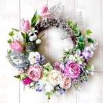 No.wreath-15319★チューリップとラナンキュラスの春リース<大> 　43cm・アートフラワー/造花リース/大型リース