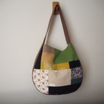 シンプルパッチワーク　ワンハンドル肩掛け　しずく型BAG　　♫　帆布　モカブラウン　花　リネン　麻