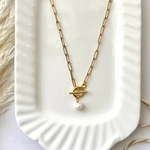 ::再販::サージカルステンレス マンテル＆パール・チェーンネックレス（アレルギー対応）