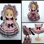 メルちゃんサイズ　ピンク　黒　　垂れ耳ボンネット　ハートエプロン　フリフリコーデ5点セット　ソランちゃん　レミンちゃん　コルネちゃんサイズ　ゴスロリ ロリータ 　服