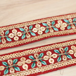 インド刺繍リボンᢂgota刺繍細ボーダー　レッド　インドリボン/刺繍リボン/刺繍/リボン/シルクリボン/トリム/ブレード/ジャガードリボン/レース/チュール/インド