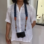 デニムのさき織り×レザー×真田紐のカメラストラップ