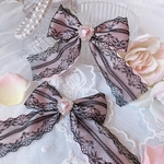 量産型♡リボンヘアクリップ ピンク×黒レース (ピンクパールハート)