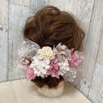 ［32］15本　アンティークピンク×ホワイト　紫陽花　かすみ草　スケルトンリーフ　チュール　成人式　卒業式　ウェディング　ブライダル　ドライフラワー　プリザーブドフラワー　ヘアパーツ