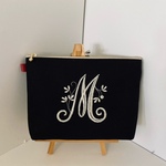 20㎝選べるヴィンテージイニシャル刺繍の帆布のマルチポーチ　黒　紺
