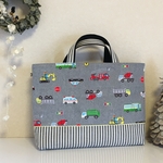 【レッスンバック】働く車*グレー×ストライプ*キルティング使用*レモンイエローライン　　/ design Ａ/ 受注制作