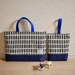 [再販]四角の北欧柄xデニムのレッスンバッグ&うわばき入れ モノトーン