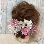［41追加再販］12本　ピンク×ベージュ×白　ドライフラワー　ヘアパーツ　ヘアアクセサリー　ヘッドドレス　髪飾り　成人式　卒業式　結婚式　ウエディング　ブライダル　和装 子供　かすみ草　紫陽花　前撮り