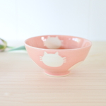 お茶碗(小)　白ねこ水玉（桃）在庫有