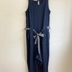 セール価格★ 楽ちんサロペット❤️ボーダーリボン&ポケットのサルエルサロペットパンツ ネイビー（サイズL〜LL）受注制作