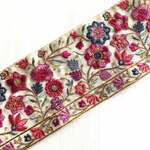 インド刺繍リボン チュールレース オーガンジー 手芸 花 ボタニカル 刺繍テープ ピンク 春 エスニック 刺繍布 北欧