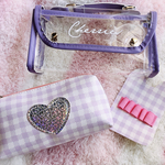 【ハート 紫】数量限定⭐PVC&合皮 2way 3点セット透明 クリアポーチ メイク ペンケース 小物入れ クリアバック ポーチ付き 可愛い おしゃれ 文房具