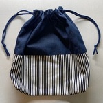 巾着袋 　大きめ【紺デニム×紺白ストライプ】40×38