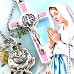 ピンク 聖ベネディクト 十字架 薔薇 無原罪のマリア様 メダイ お守り ネックレス ペンダント