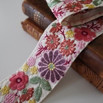 【1m】カラーシルク刺繍リボン 【アイボリー×パープル】