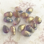 【6x9㍉ 20個】 ドロップビーズ＊purple & blue & gold＊チェコビーズ＊青紫＊ブルー＊パープル＊しずく＊エッチド＊グラデーション