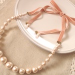 コットンパールのベルベットリボンネックレス　BeigePink