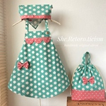 ☆kan・・さまオーダー品☆　～refreshing～　ミント色の水玉こどもエプロン&三角巾＆エプロン袋【110~120cm】
