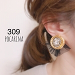 309…ビンテージボタン×ブラックレース　イヤリング　ピアス