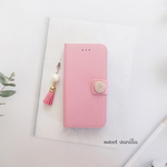 【iphone6/6S/7/8/SE2】手帳型 ケース ♥ビジューが選べる♥ シンプル レザー調 パステルピンク ストラップ付き