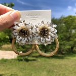 《注意書きをお読みください》white beads flower × bamboo ring pierce  ／ earring