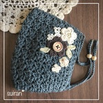 ご依頼品＊花釦の手編みマスク(紺鼠／大きめ)