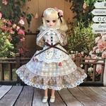 バブーシュカ付きワンピース　いちご柄　ブラウン系　ブライス、リカちゃん