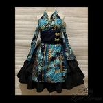 1点物*華ロリ 着物風ホルターネック ドレスセット★濃紺×ブルー×花×金彩×黒(即納品)