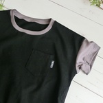 【夏物セール8/15まで】サイドスリットTシャツ ポケット付き 子供服 ブラック×グレージュ 100,110,120サイズ ハンドメイド【受注製作】