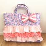 ドレスのようなレッスンバッグ(パープル花柄&パステルピンク)