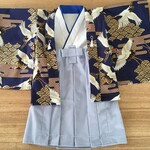 【完成品】80ｃｍ　男の子　青鶴羽織＆グレー袴風ロングスカート①　 初節句、お正月、お誕生日、出産祝い、結婚式に