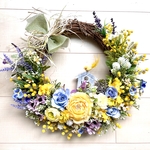 No.wreath-15324★ミモザとラナンキュラスの春リース(バードハウス＆小鳥)  　43x38cm・アートフラワー/造花リース/大型リース