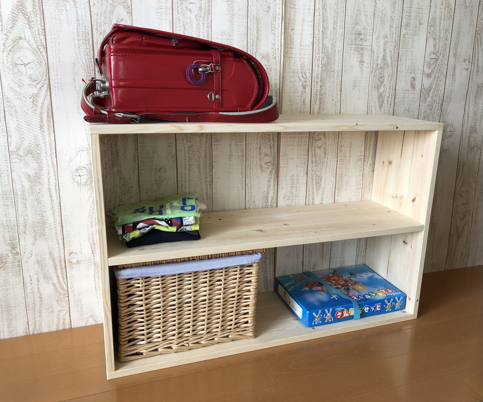 【引き取り限定】モンテッソーリ　教具棚　3段　幅90 木製棚　ハンドメイド 教具棚3段（背板なし・キャスターなし） モンテッソーリ 木製棚