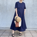 リネンが涼しい‼ 1枚でオシャレなゆったりシルエットワンピース 紺【FREE:２size展開】OTM-007 098283