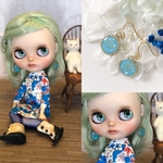 ドール用💐キャンディピアス🍬丸型 ブルー レジン ドライフラワー パール ゴールド ブライス