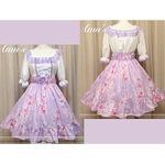 GW特別価格♪1点物*和柄 編み上げ シャーリングワンピース★オフ白×藤色・ラベンダー・すみれ色/桜・水仙・牡丹・花(即納品)