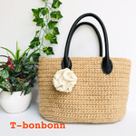 大人可愛い！革持ち手の麻ひもかごバック＊お花コサージュ付き＊ベージュカラー
