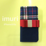 iPhone5/5s☆チェックバイカラー リボン　ネイビー