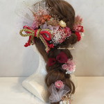 【rukigoma0125様 専用出品】フルオーダー pink red white gold tulle ribbon ヘッドドレス 成人式 卒業式 髪飾り