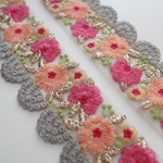 【75㎝カット済み】チュール刺繍リボン   【グレー】