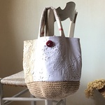 リボン*アンティーク手刺繍レース*赤ラインリネン*かごバッグ