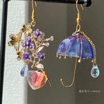 紫陽花色の夜空傘と鬼灯　傘レジンとレジンほおずき　色変化勿忘草　桜　和装小物　ピアス　イヤリング