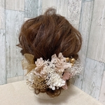 ［52追加再販］10本　オーガンジーリボン　ゴールド×ベージュ×ホワイト　紫陽花　かすみ草　スケルトンリーフ　チュール　成人式　卒業式　発表会　ウェディング　ブライダル　ドライフラワー