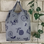 新柄☆巾着みたいなエコバッグ 北欧風花刺繍柄/グレー　撥水加工