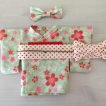 メルちゃん・ソランちゃんサイズ　着せ替え遊び用　着物　浴衣　帯 髪飾り（若草色桜　水玉帯）
