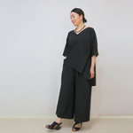 最強セットアップ、コットンリネンのトップス＆パンツセット、ブラック